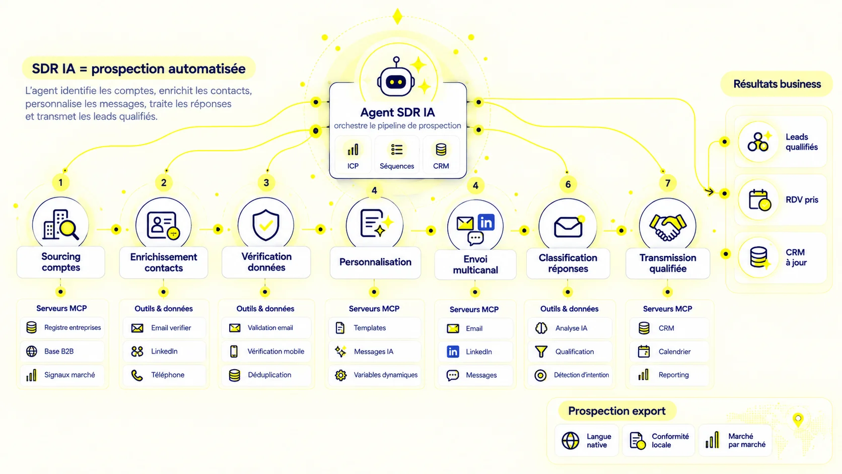 Pipeline de prospection SDR IA : sourcing de comptes, enrichissement et vérification des contacts, personnalisation, envoi multicanal, classification des réponses et transmission qualifiée, avec les serveurs MCP associés à chaque étape
